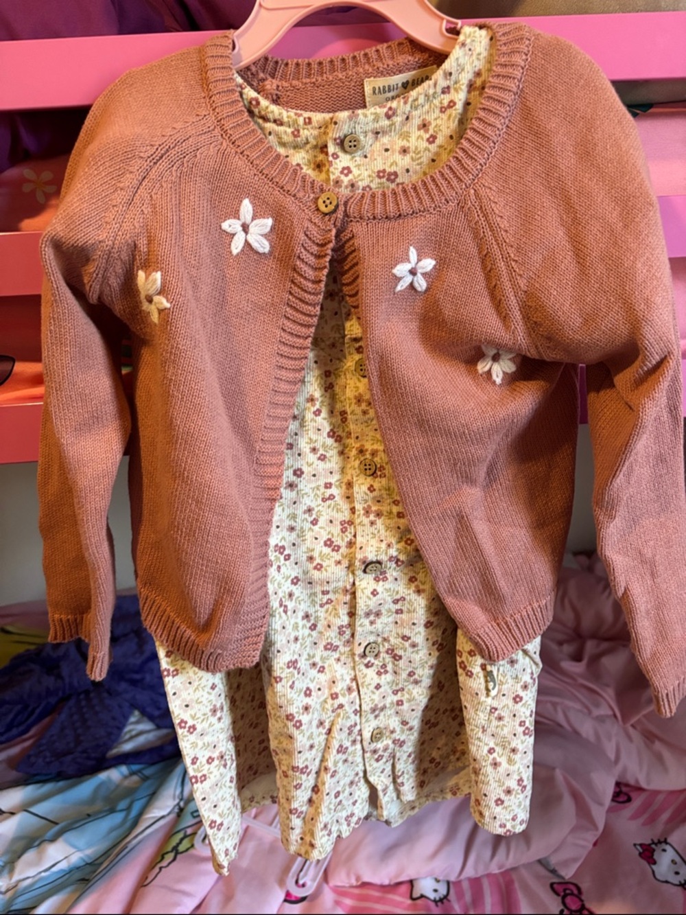 Rabbit + Bear Organic Girls' Dusty Rose Knit Cardigan with Floral Dress